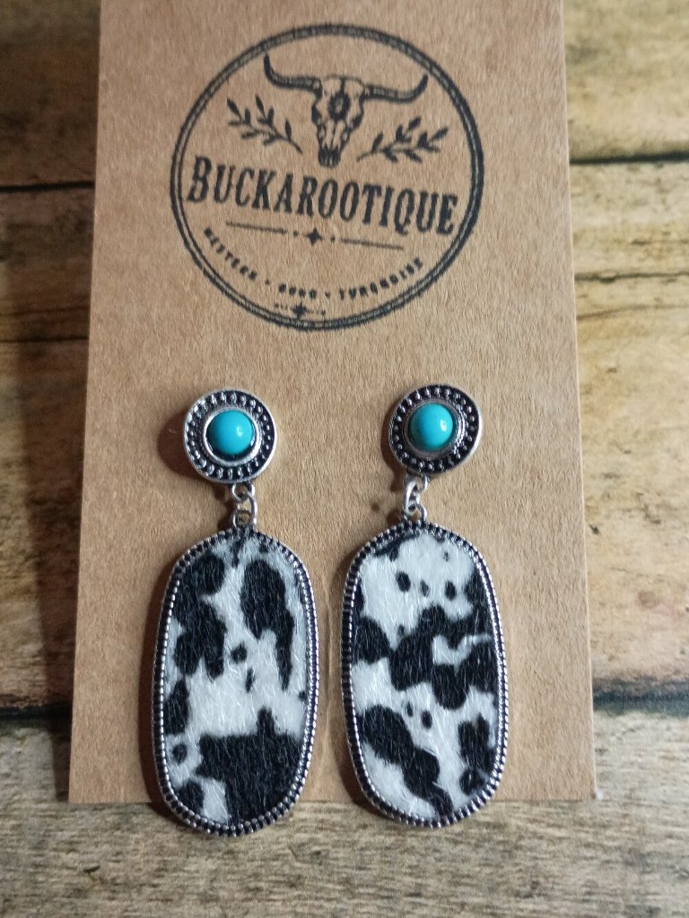 Cowhide Turquoise Dangle Earrings Western Ranch Style Rodeo Boutique Jewelry